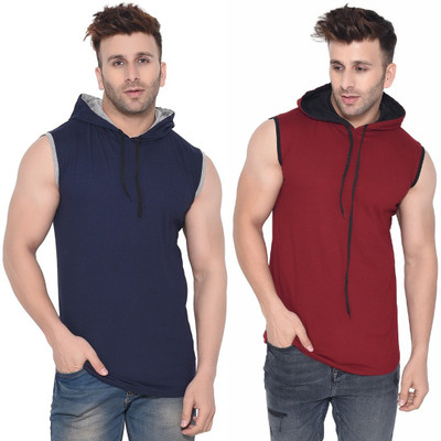 Lawful Casual Solid Men Hooded Neck Dark Blue, Maroon T-Shirt