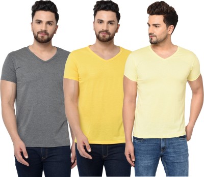 Jaskart Solid Men V Neck Grey, Yellow T-Shirt