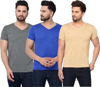 Unite Wear Solid Men V Neck Blue, Beige, Grey T-Shirt