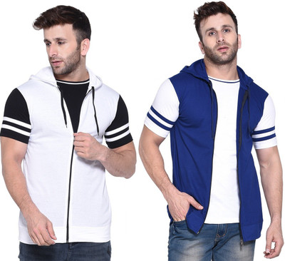 BEYOU FASHION Solid Men Hooded Neck White, Blue T-Shirt