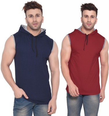 Money Leaf Solid Men Hooded Neck Dark Blue, Maroon T-Shirt