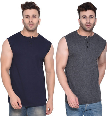 Lawful Casual Solid Men Round Neck Dark Blue, Grey T-Shirt