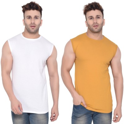 BEYOU FASHION Solid Men Round Neck White, Yellow T-Shirt