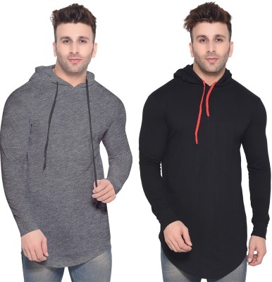 Trendfull Solid Men Hooded Neck Black, Grey T-Shirt