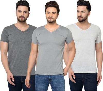Jaskart Solid Men V Neck White, Grey T-Shirt