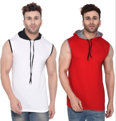 Trendfull Solid Men Hooded Neck Red, White T-Shirt