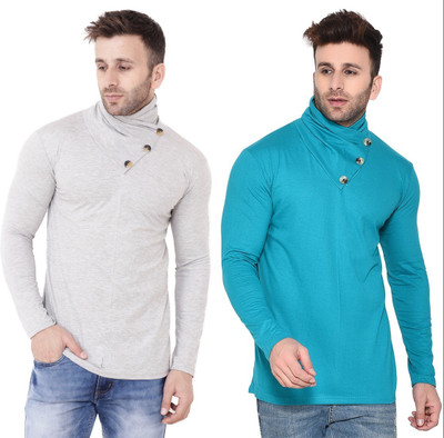 GEUM Solid Men High Neck Silver, Light Green T-Shirt