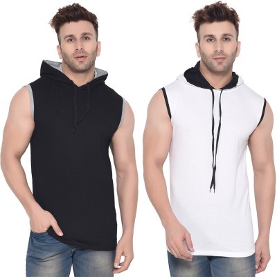 Lawful Casual Solid Men Hooded Neck White, Black T-Shirt