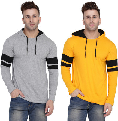 GEUM Solid Men Hooded Neck Grey, Yellow T-Shirt