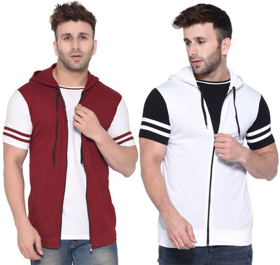 Trendfull Colorblock Men Hooded Neck White, Maroon T-Shirt