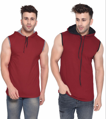 Lawful Casual Solid Men Hooded Neck Maroon T-Shirt