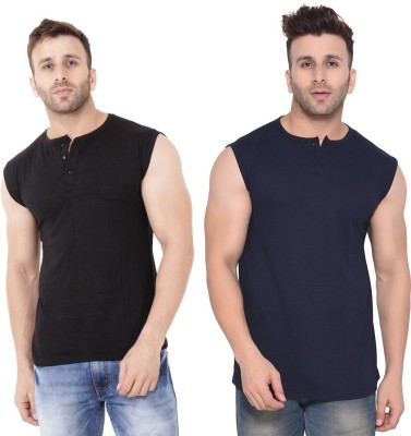 BEYOU FASHION Solid Men Henley Neck Dark Blue, Black T-Shirt