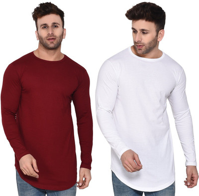 Trendfull Solid Men Round Neck White, Maroon T-Shirt