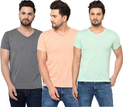 Jangoboy Solid Men V Neck Orange, Grey, Light Green T-Shirt