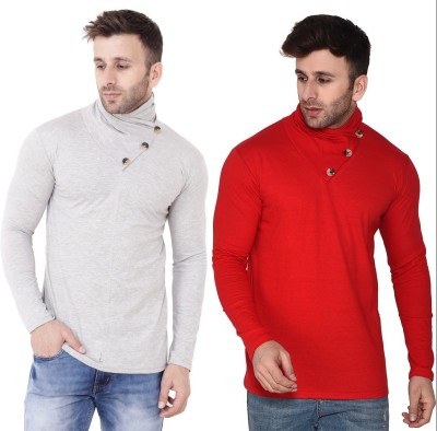 BEYOU FASHION Solid Men High Neck Silver, Red T-Shirt