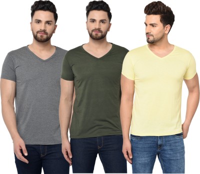 Jaskart Solid Men V Neck Dark Green, Grey, Yellow T-Shirt