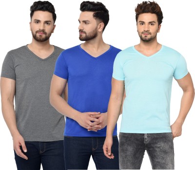Adorbs Solid Men V Neck Light Blue, Blue, Grey T-Shirt