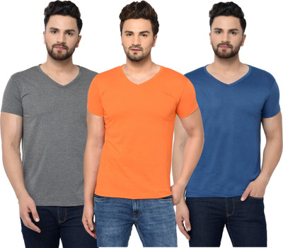 Jangoboy Solid Men V Neck Blue, Orange, Grey T-Shirt