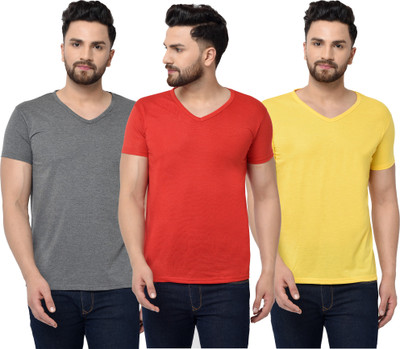 Adorbs Solid Men V Neck Red, Grey, Yellow T-Shirt