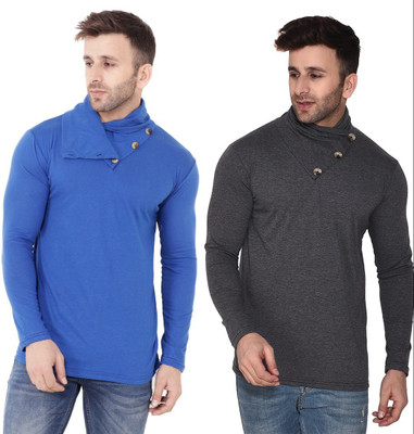 Lawful Casual Solid Men High Neck Blue, Grey T-Shirt