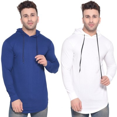 Money Leaf Solid Men Hooded Neck White, Blue T-Shirt