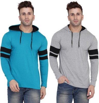 Trendfull Solid Men Hooded Neck Light Blue, Grey T-Shirt