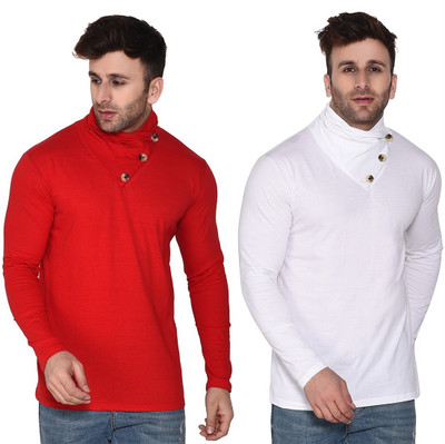 Money Leaf Solid Men Shawl Neck Red, White T-Shirt