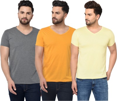 Jangoboy Solid Men V Neck Orange, Grey, Yellow T-Shirt