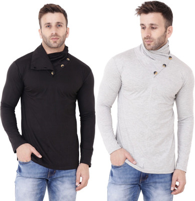 GEUM Solid Men High Neck Silver, Black T-Shirt