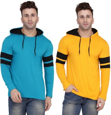 Trendfull Solid Men Hooded Neck Light Blue, Black, Yellow T-Shirt