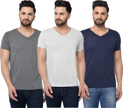 Jaskart Solid Men V Neck Dark Blue, White, Grey T-Shirt