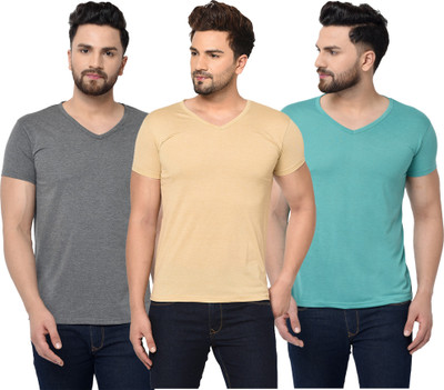 Adorbs Solid Men V Neck Light Blue, Grey, Beige T-Shirt