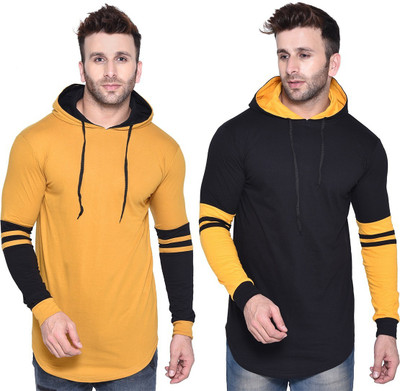 GEUM Solid Men Hooded Neck Black, Yellow T-Shirt