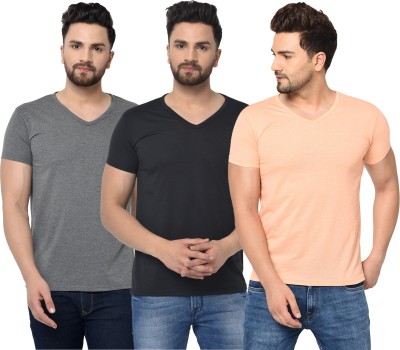 Jaskart Solid Men V Neck Black, Orange, Grey T-Shirt