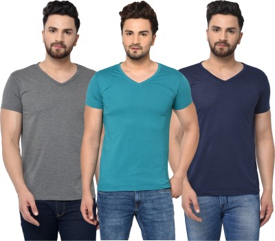 Bribzy Solid Men V Neck Dark Blue, Light Blue, Grey T-Shirt