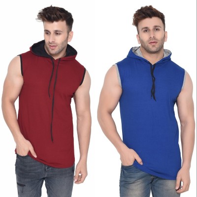 Money Leaf Solid Men Hooded Neck Red, Blue T-Shirt