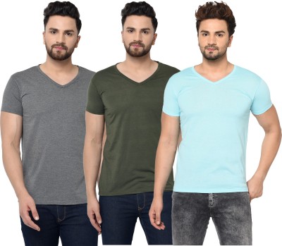 Tivy Solid Men V Neck Dark Green, Light Blue, Grey T-Shirt