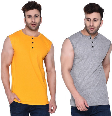 Lawful Casual Solid Men Round Neck Grey, Yellow T-Shirt