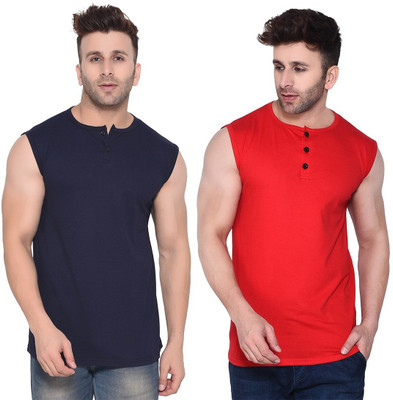 Trendfull Solid Men Round Neck Dark Blue, Red T-Shirt