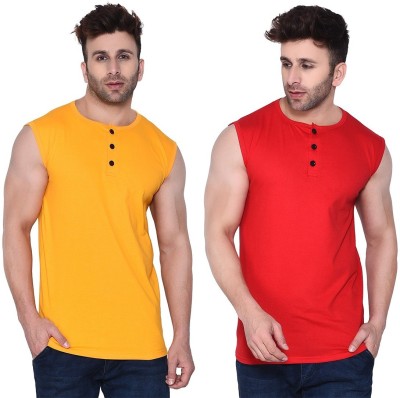 BEYOU FASHION Solid Men Henley Neck Red, Yellow T-Shirt