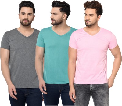 Unite Wear Solid Men V Neck Light Blue, Pink, Grey T-Shirt