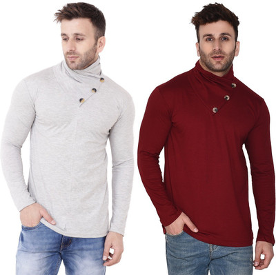 BEYOU FASHION Solid Men Shawl Neck Maroon, Grey T-Shirt