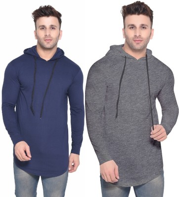 BEYOU FASHION Solid Men Hooded Neck Dark Blue, Grey T-Shirt