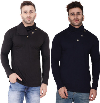 GEUM Solid Men High Neck Dark Blue, Black T-Shirt