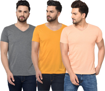 Jaskart Solid Men V Neck Beige, Grey, Yellow T-Shirt