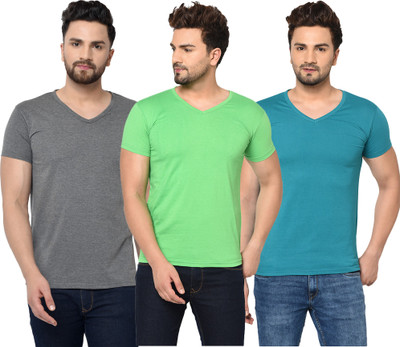 Jaskart Solid Men V Neck Light Blue, Grey, Light Green T-Shirt