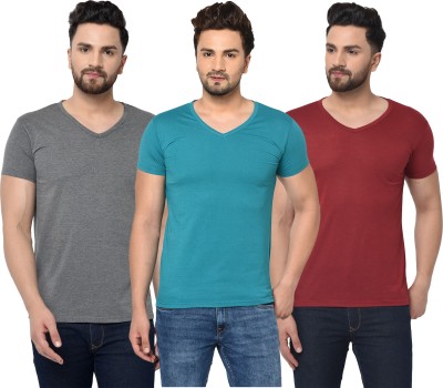 Tivy Solid Men V Neck Blue, Maroon, Grey T-Shirt