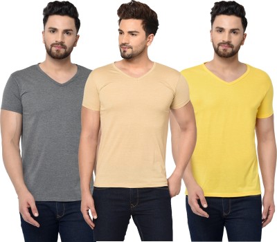 Adorbs Solid Men V Neck Grey, Beige, Yellow T-Shirt