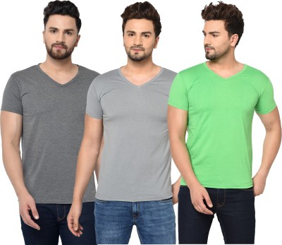 Tivy Solid Men V Neck Grey, Light Green T-Shirt