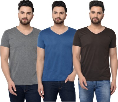 Jangoboy Solid Men V Neck Blue, Brown, Grey T-Shirt